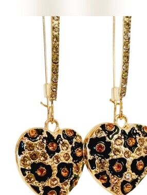 Betsey Johnson Gold Tone Animal Print Heart Drop Earrings, NEW IN BOX